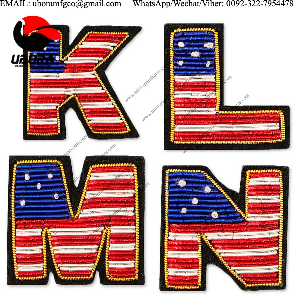 letter K ,L,M,N Bullion wire brooch pin hand embroidery brooch badges Bullion wire fashion jacket In